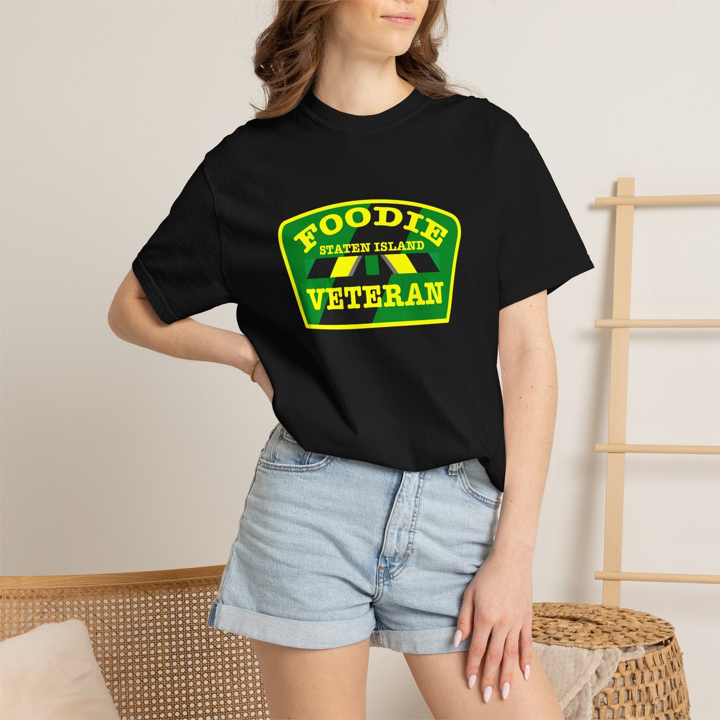 L.O.E.F Foodie Veteran STATEN ISLAND Unisex Tee Shirt (Yellow and Green)