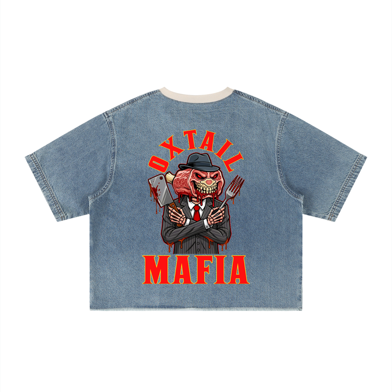 L.O.E.F Life Oxtail Mafia Unisex Vintage Wash Boxy Raw Hem Denim T-Shirt