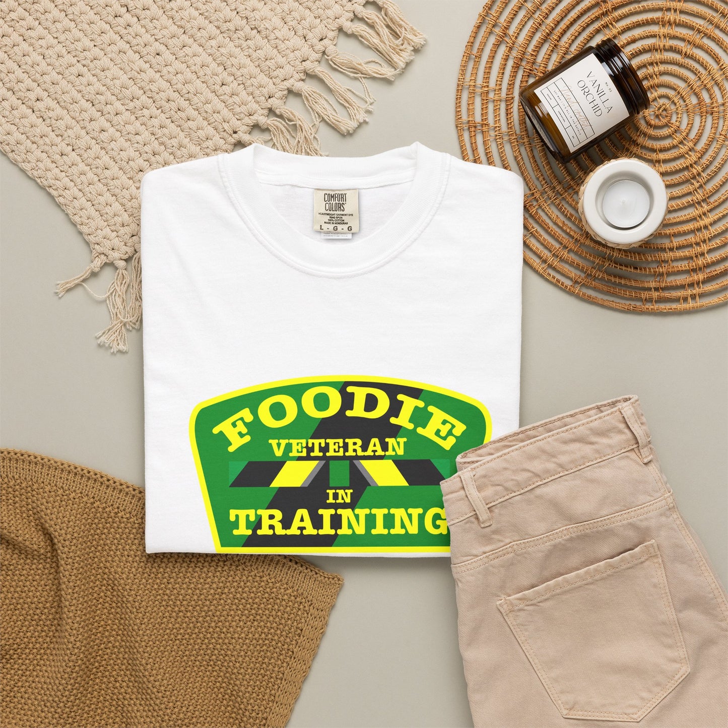 L.O.E.F Foodie Veteran IN TRAINING Unisex Tee Shirt (Yellow and Green)