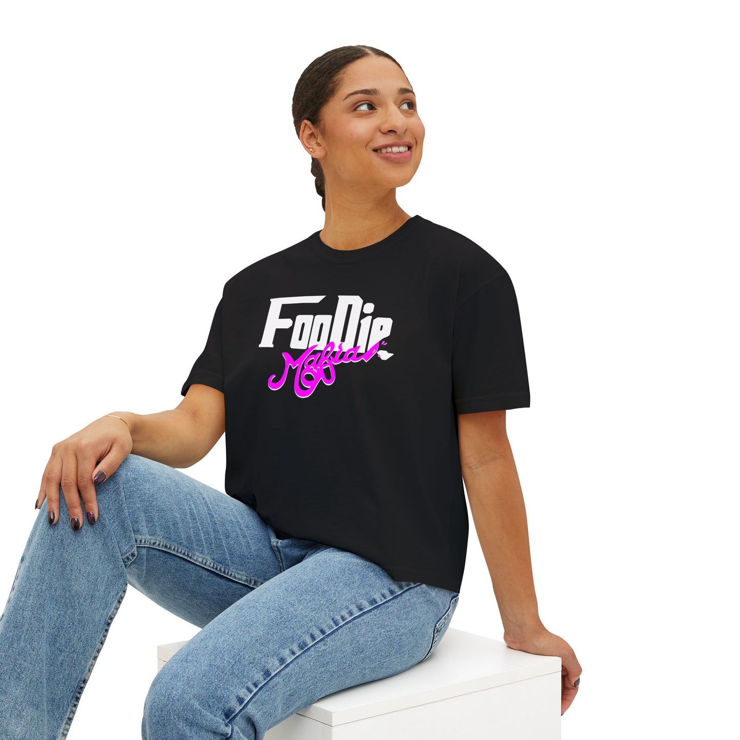 L.O.E.F White Foodie Mafia Women Boxy Tee (Fuchsia)