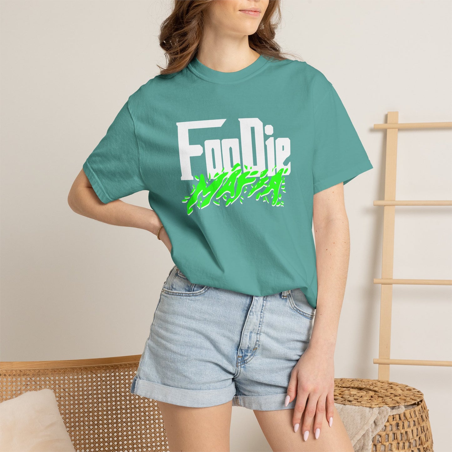 L.O.E.F White Foodie Mafia Unisex Tee Shirt (Neon Green)