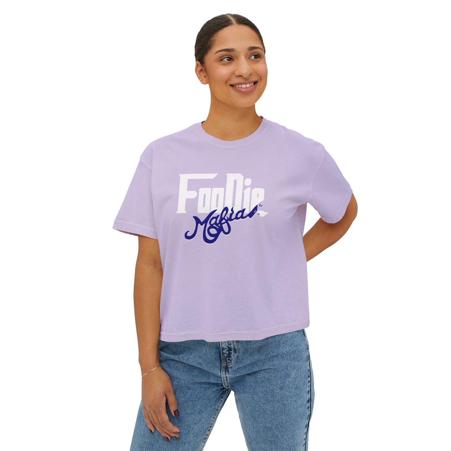 L.O.E.F White Foodie Mafia Women Boxy Tee (Dark Blue)