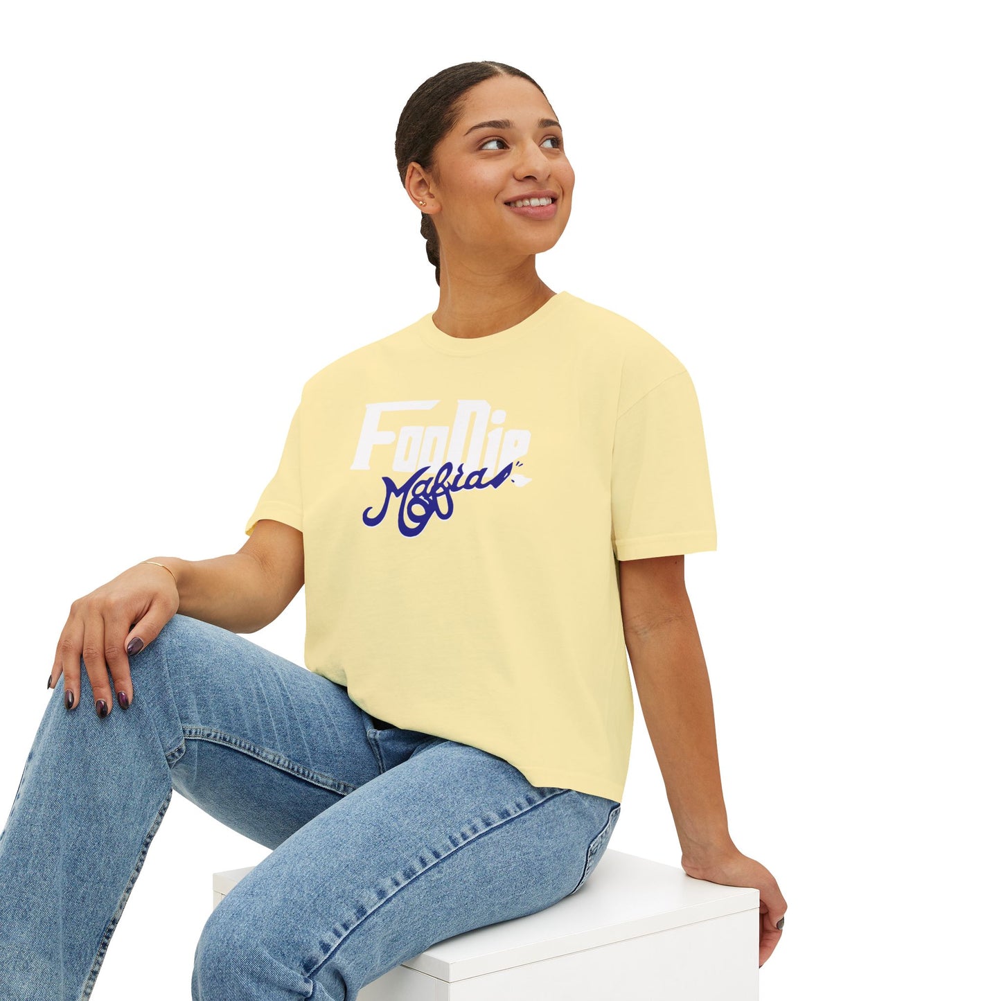 L.O.E.F White Foodie Mafia Women Boxy Tee (Dark Blue)