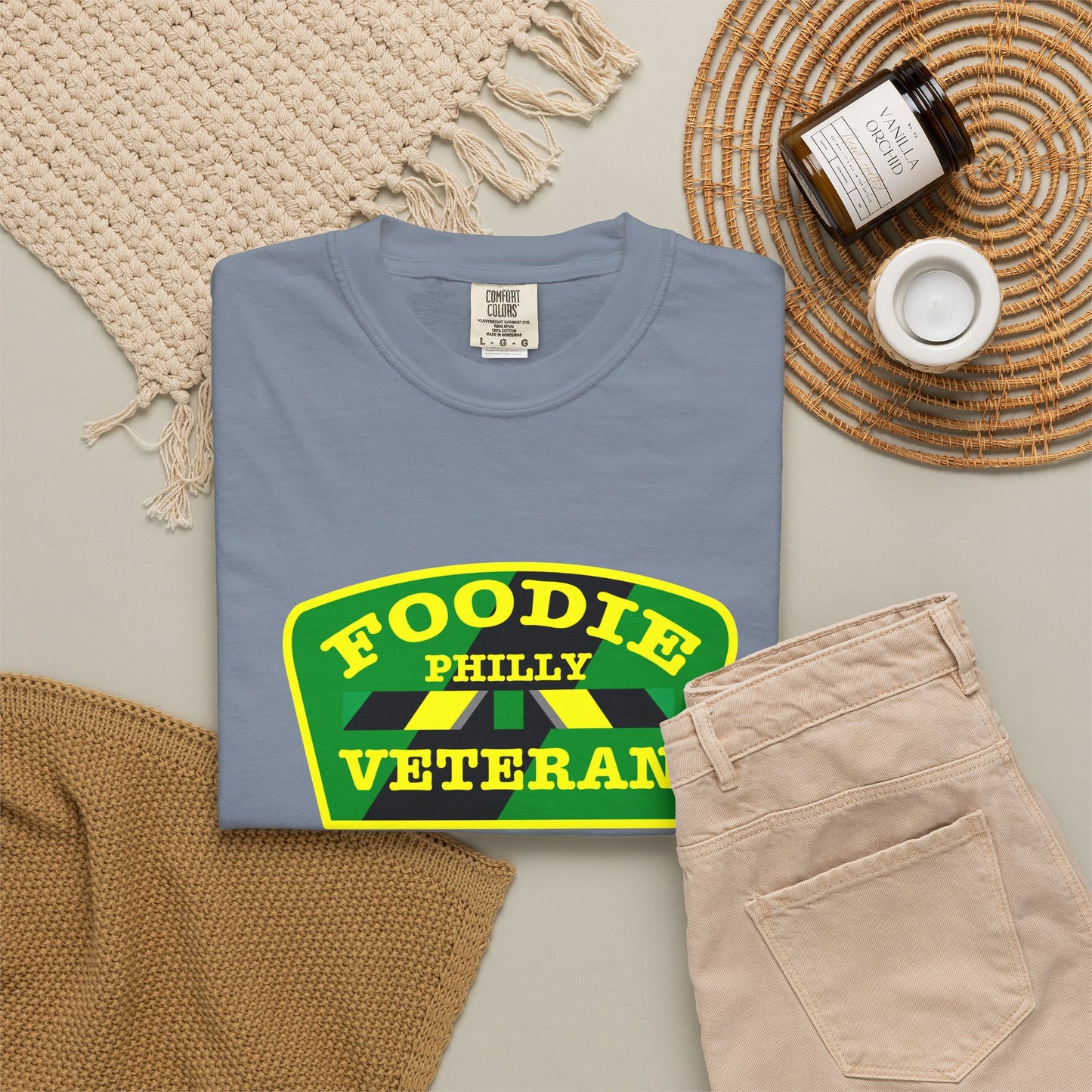 L.O.E.F Foodie Veteran PHILLY Unisex Tee Shirt (Yellow and Green)