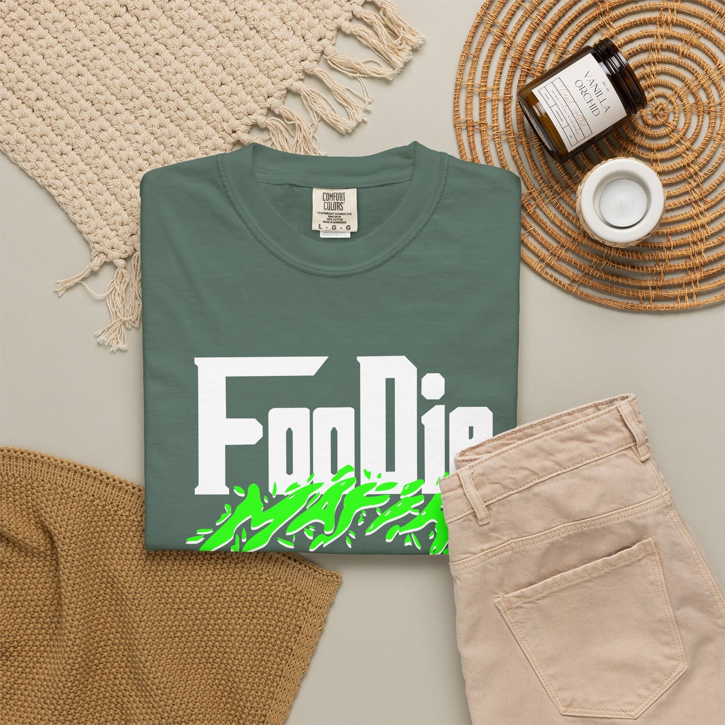 L.O.E.F White Foodie Mafia Unisex Tee Shirt (Neon Green)