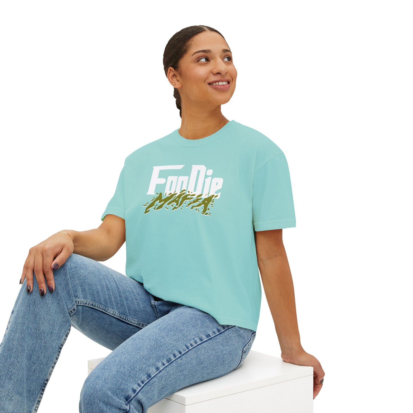 L.O.E.F White Foodie Mafia Women Boxy Tee (Olive Green)