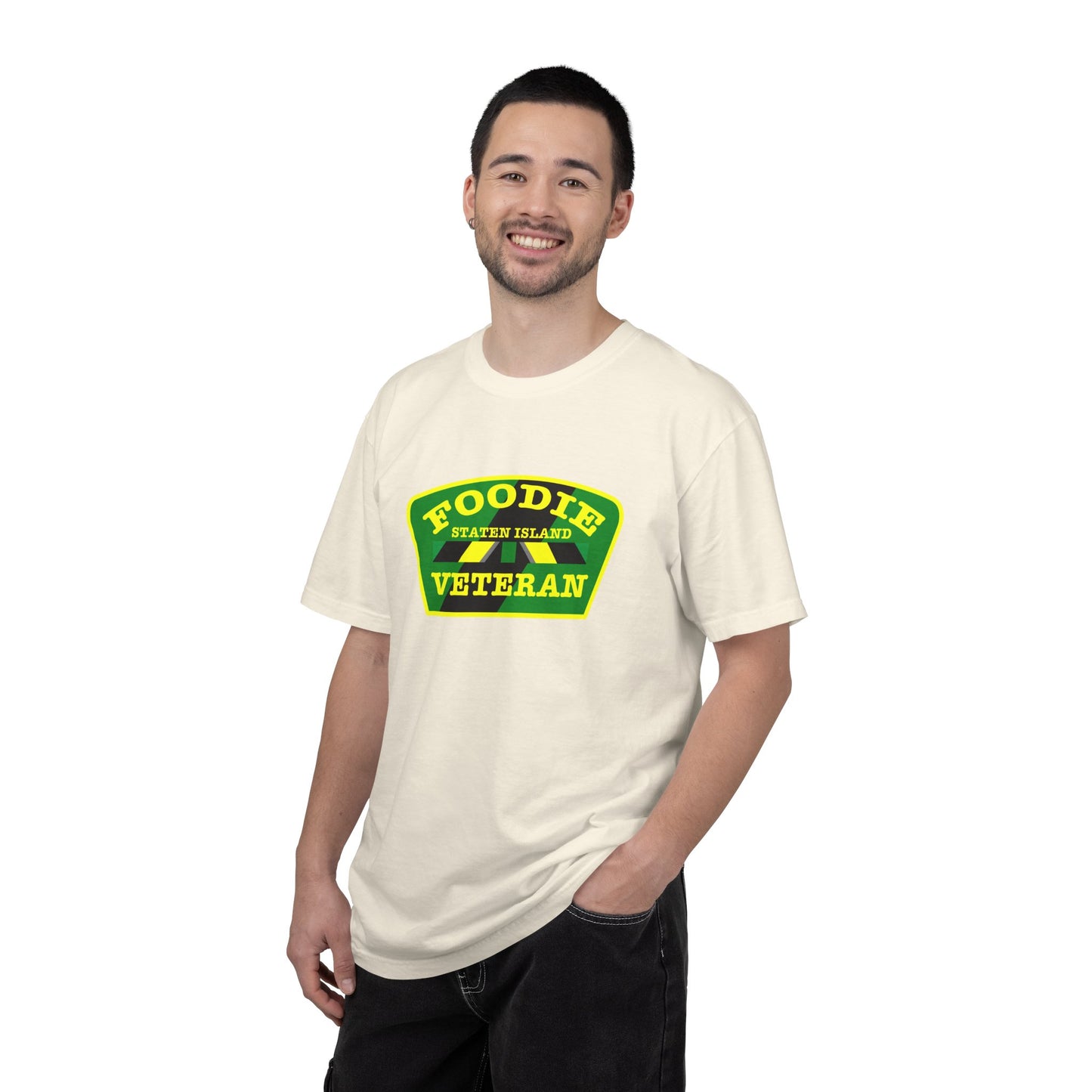 L.O.E.F Foodie Veteran STATEN ISLAND Unisex Tee Shirt (Yellow and Green)