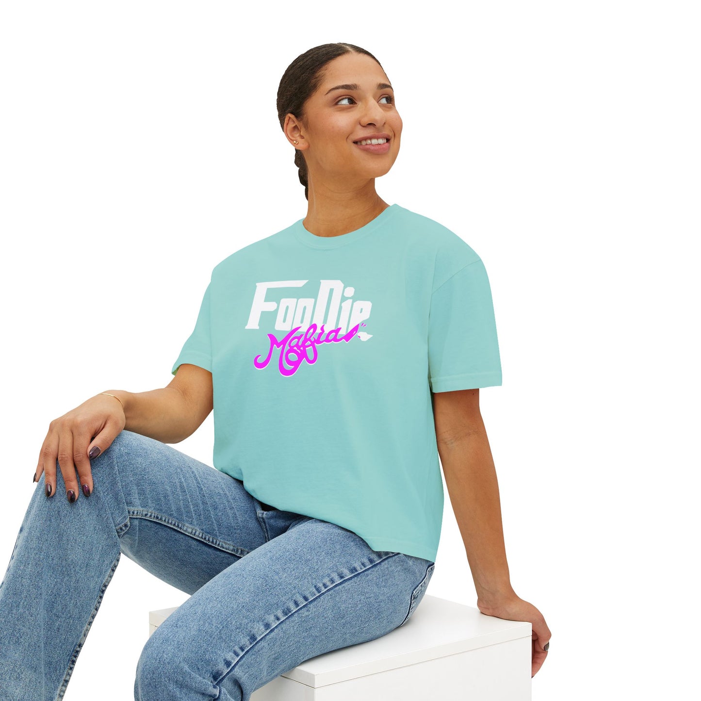L.O.E.F White Foodie Mafia Women Boxy Tee (Fuchsia)