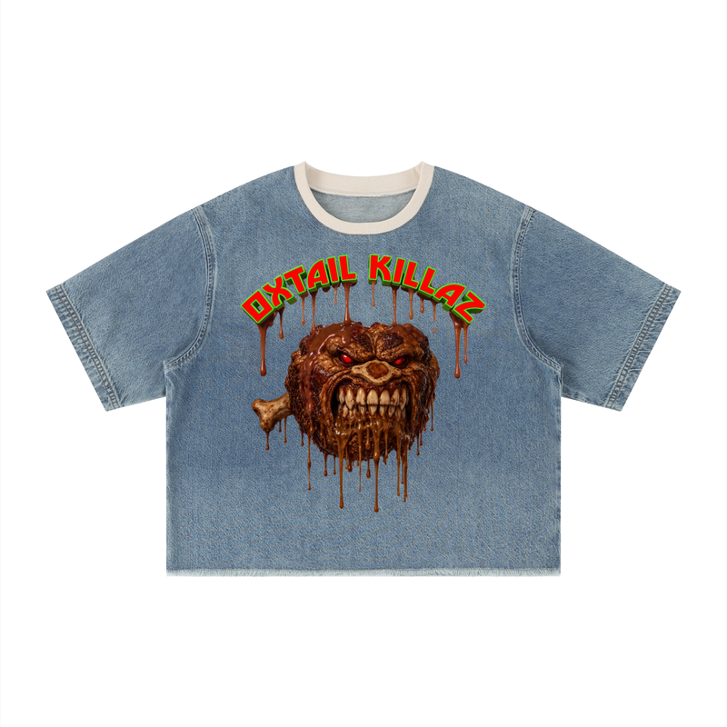 L.O.E.F Life Oxtail Killaz Unisex Vintage Wash Boxy Raw Hem Denim T-Shirt