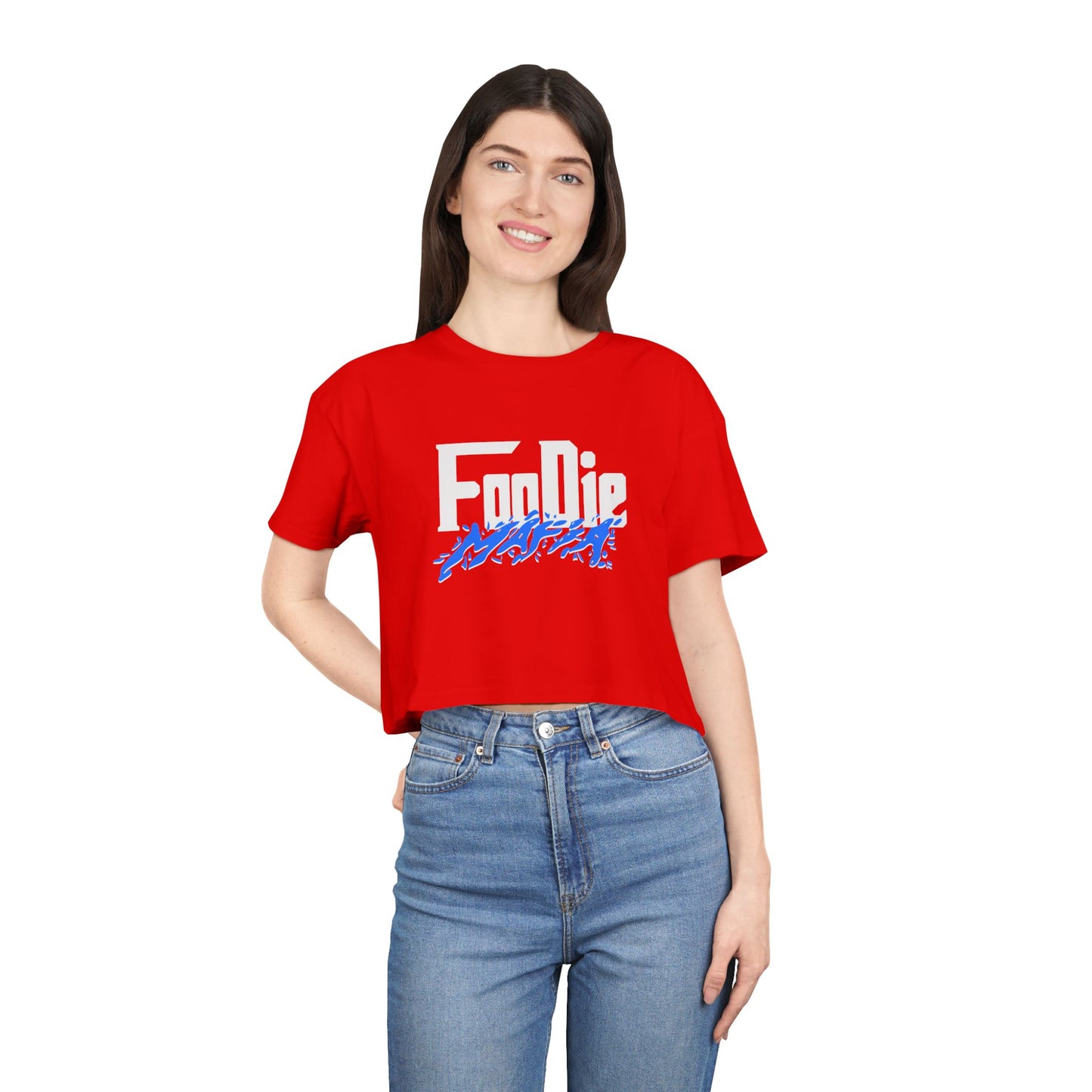 L.O.E.F White Foodie Mafia Women Crop Tee (Cobalt Blue)