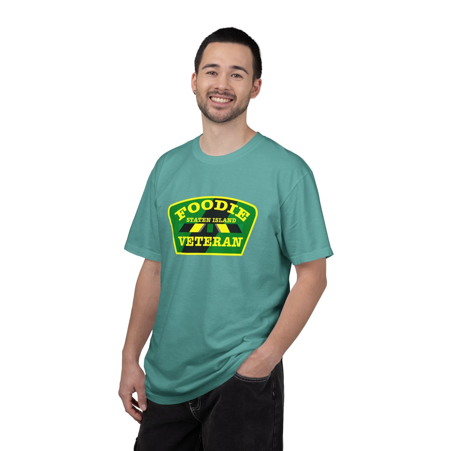 L.O.E.F Foodie Veteran STATEN ISLAND Unisex Tee Shirt (Yellow and Green)