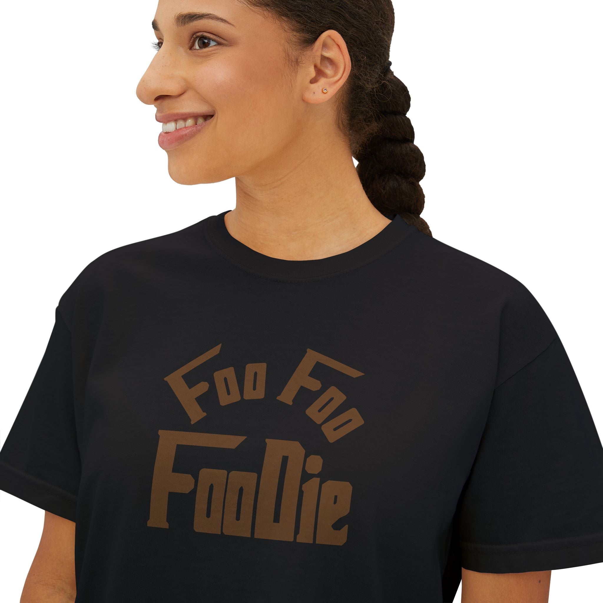 L.O.E.F FOO FOO FOODIE Women Boxy Tee(Dark Brown)