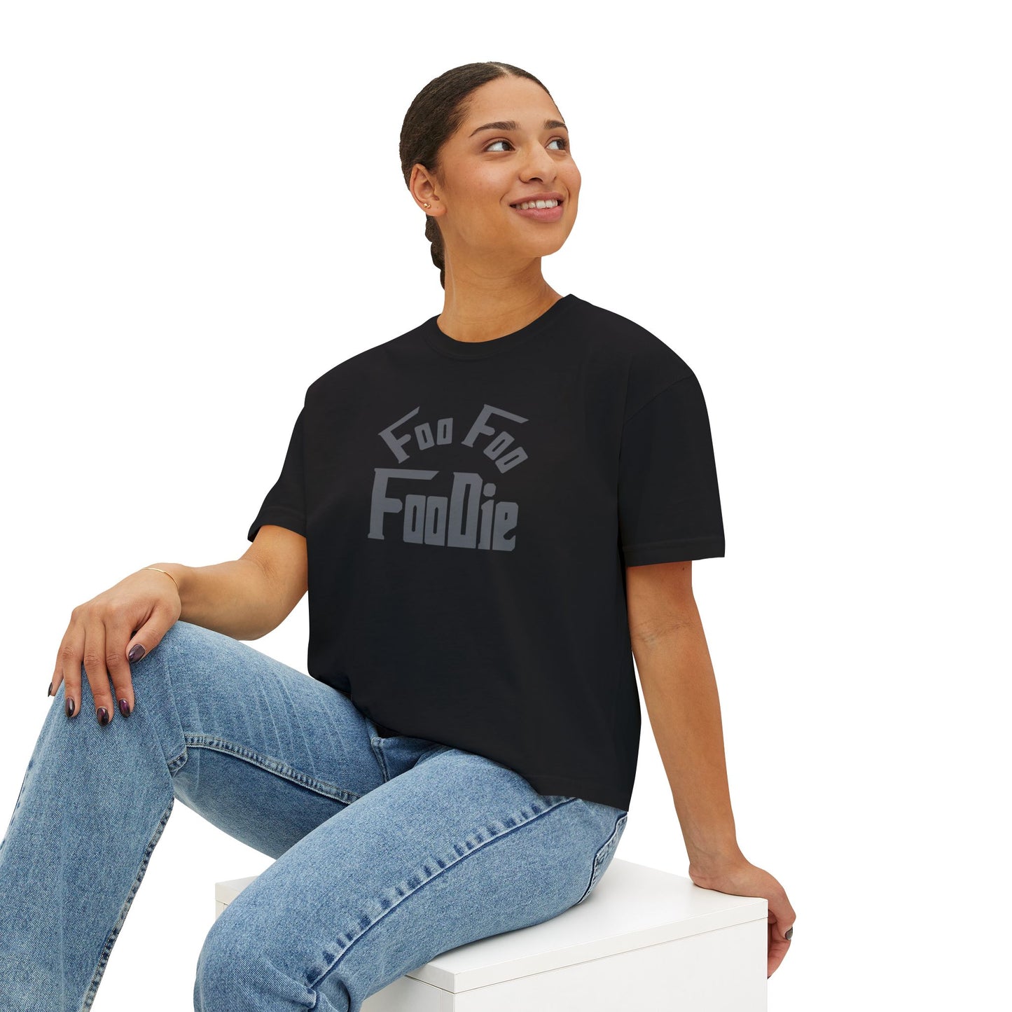 L.O.E.F FOO FOO FOODIE Women Boxy Tee(Dark Gray)
