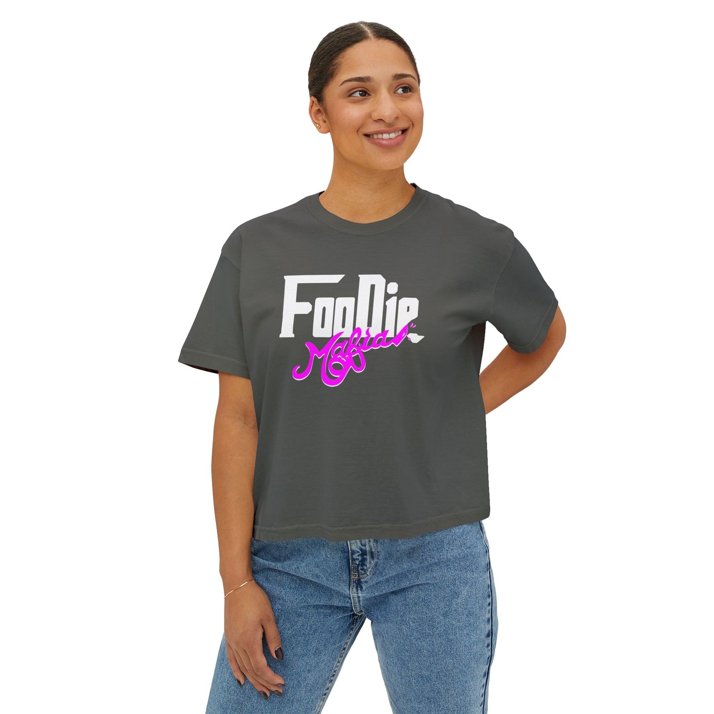 L.O.E.F White Foodie Mafia Women Boxy Tee (Fuchsia)