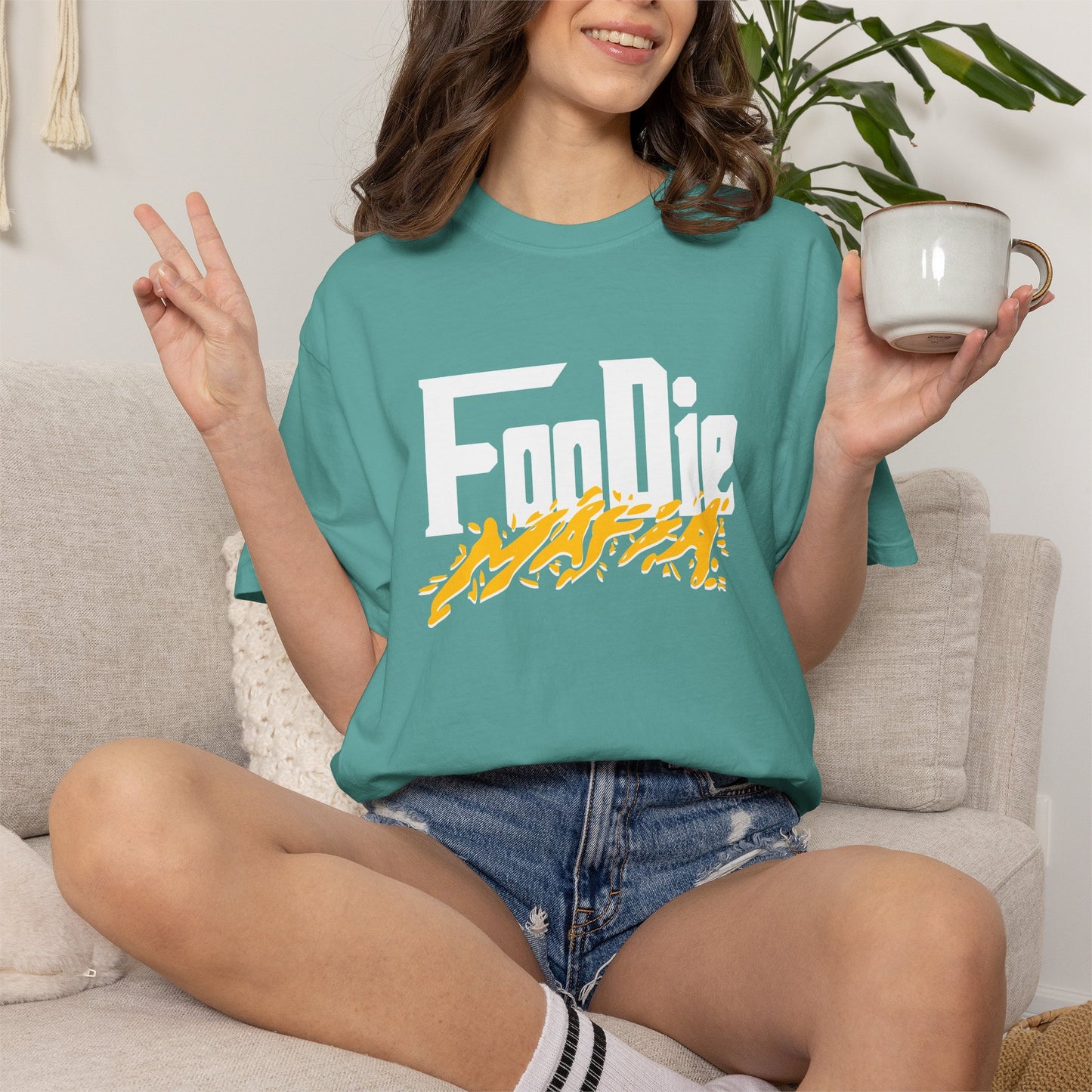 L.O.E.F White Foodie Mafia Unisex Tee Shirt (Mustard)