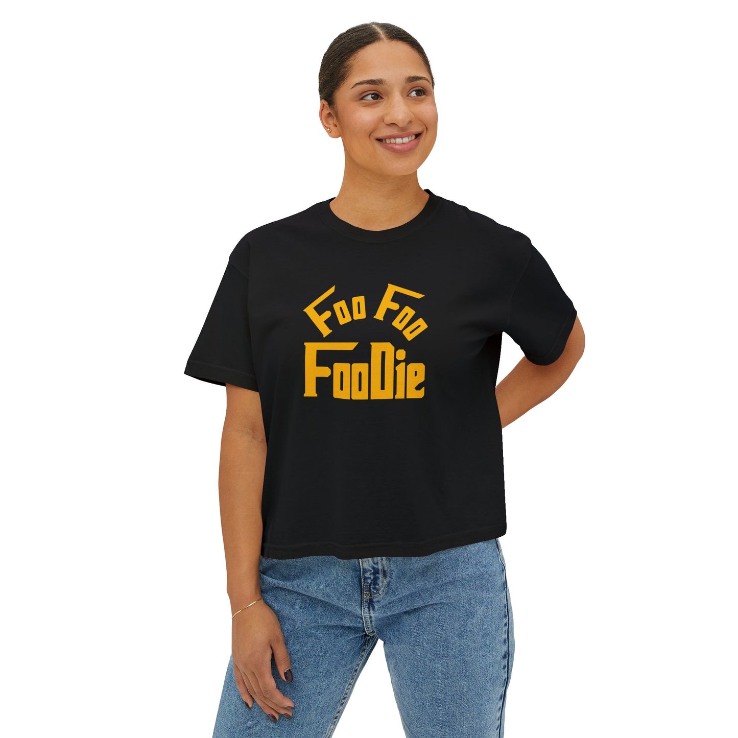 L.O.E.F FOO FOO FOODIE Women Boxy Tee(Dark Yellow)
