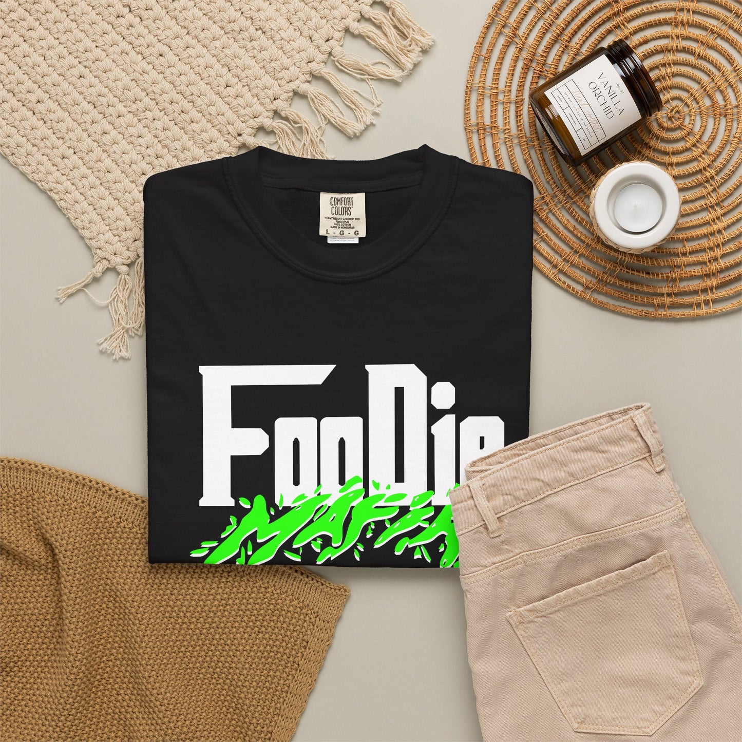 L.O.E.F White Foodie Mafia Unisex Tee Shirt (Neon Green)