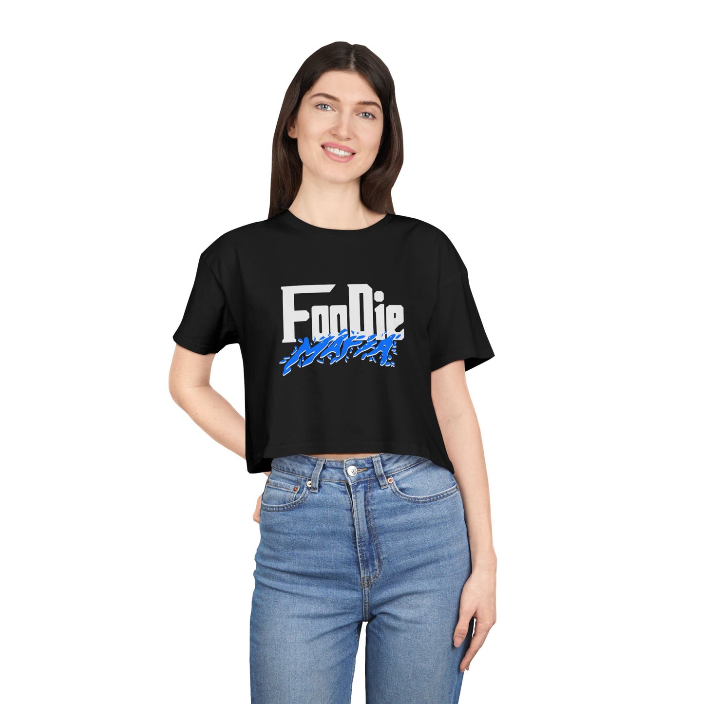L.O.E.F White Foodie Mafia Women Crop Tee (Cobalt Blue)