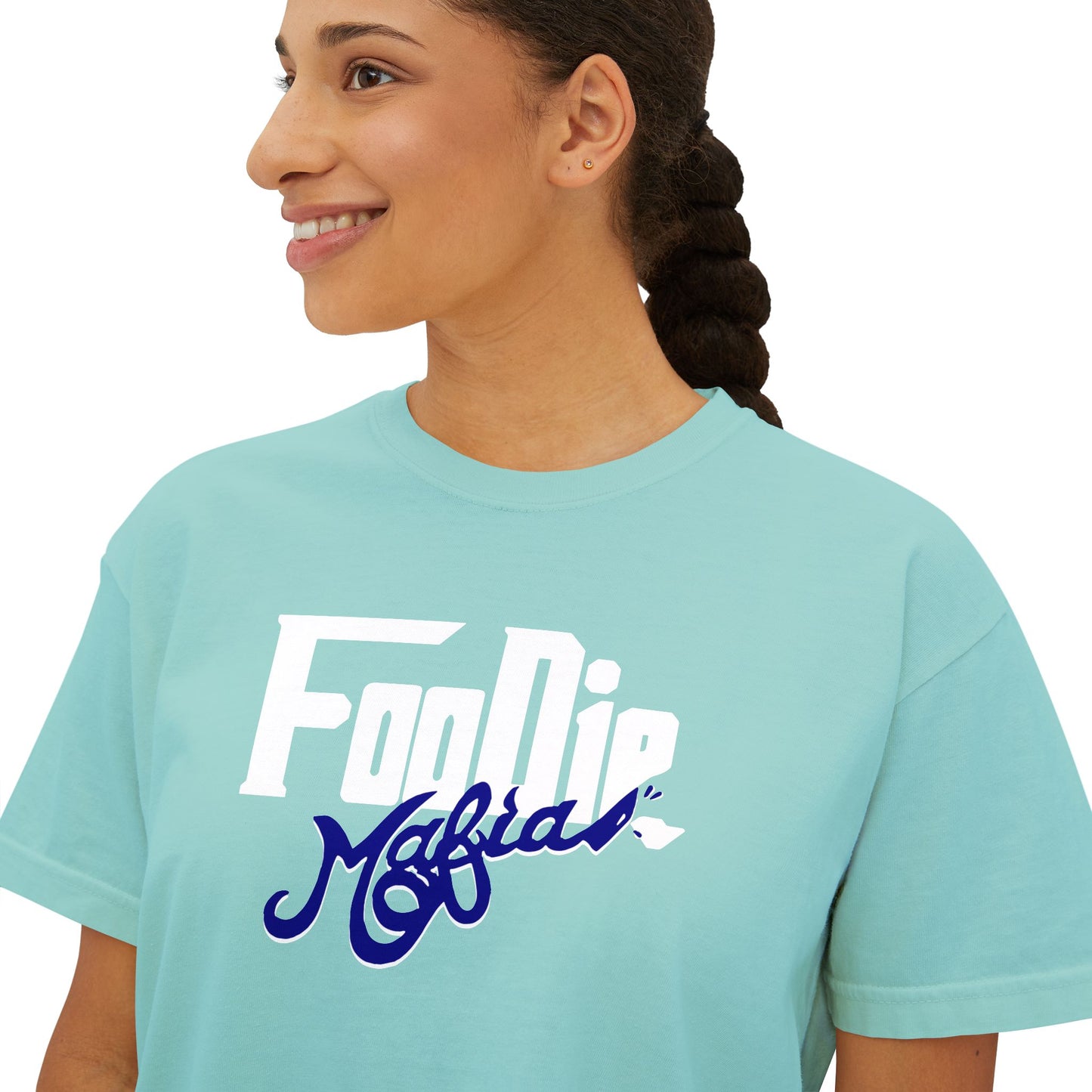 L.O.E.F White Foodie Mafia Women Boxy Tee (Dark Blue)