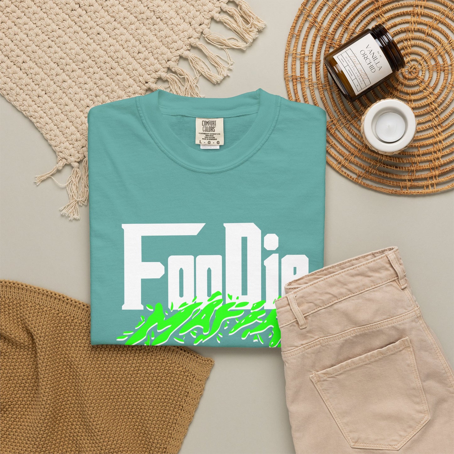 L.O.E.F White Foodie Mafia Unisex Tee Shirt (Neon Green)