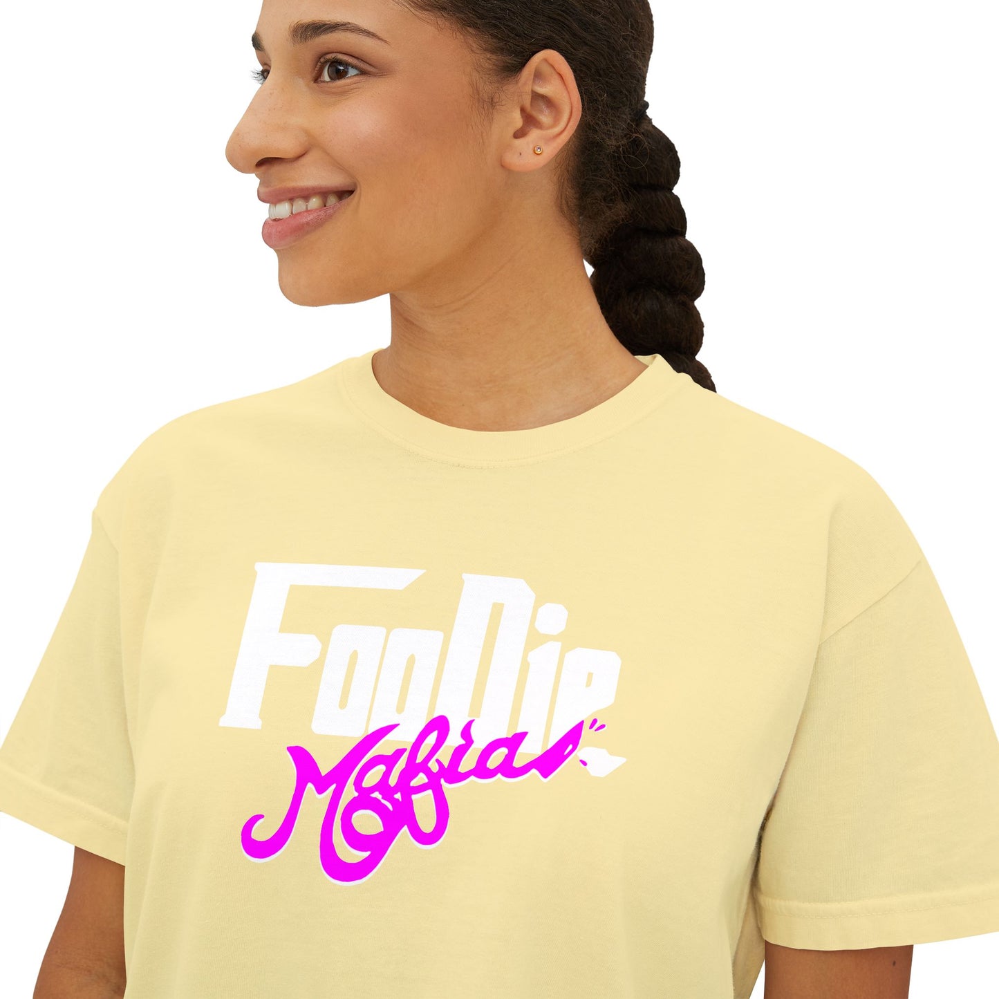 L.O.E.F White Foodie Mafia Women Boxy Tee (Fuchsia)