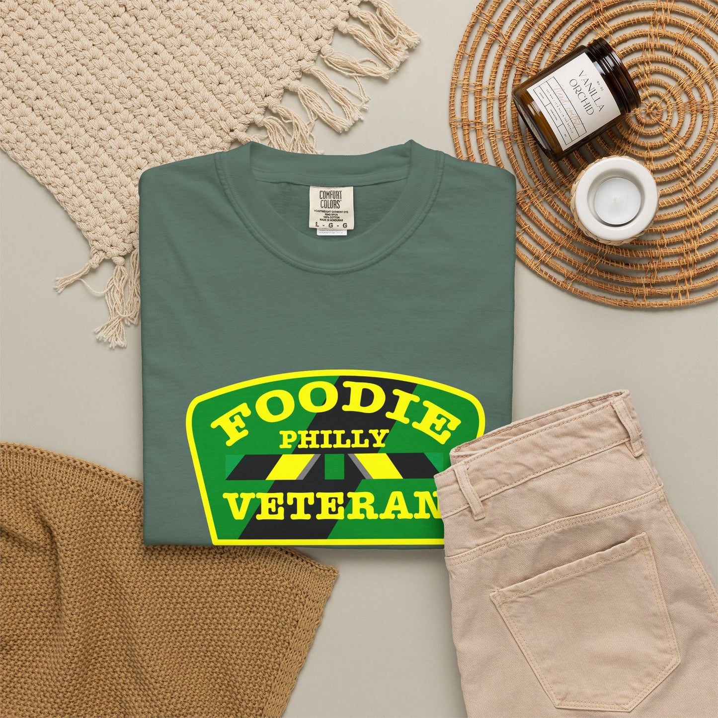 L.O.E.F Foodie Veteran PHILLY Unisex Tee Shirt (Yellow and Green)