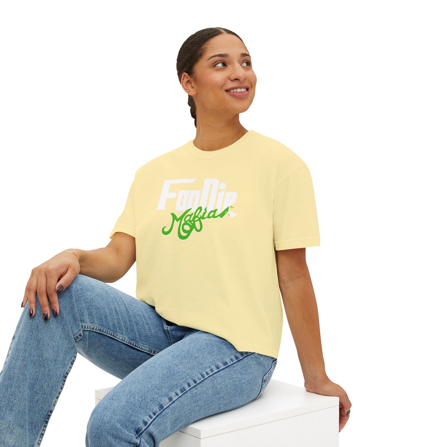 L.O.E.F White Foodie Mafia Women Boxy Tee (Kelly Green)