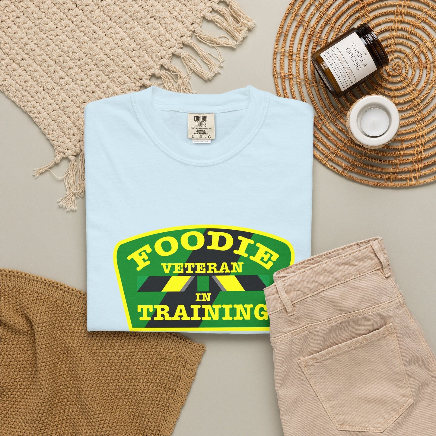 L.O.E.F Foodie Veteran IN TRAINING Unisex Tee Shirt (Yellow and Green)