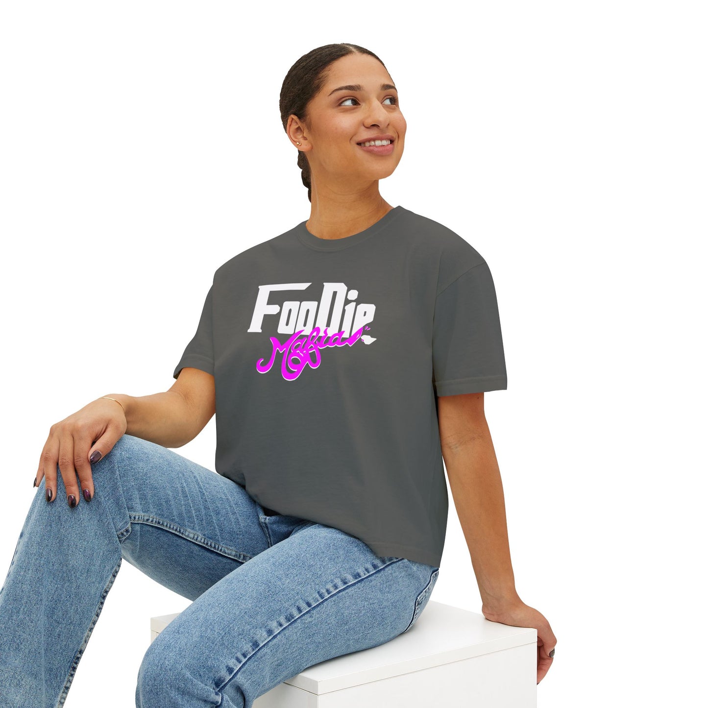L.O.E.F White Foodie Mafia Women Boxy Tee (Fuchsia)