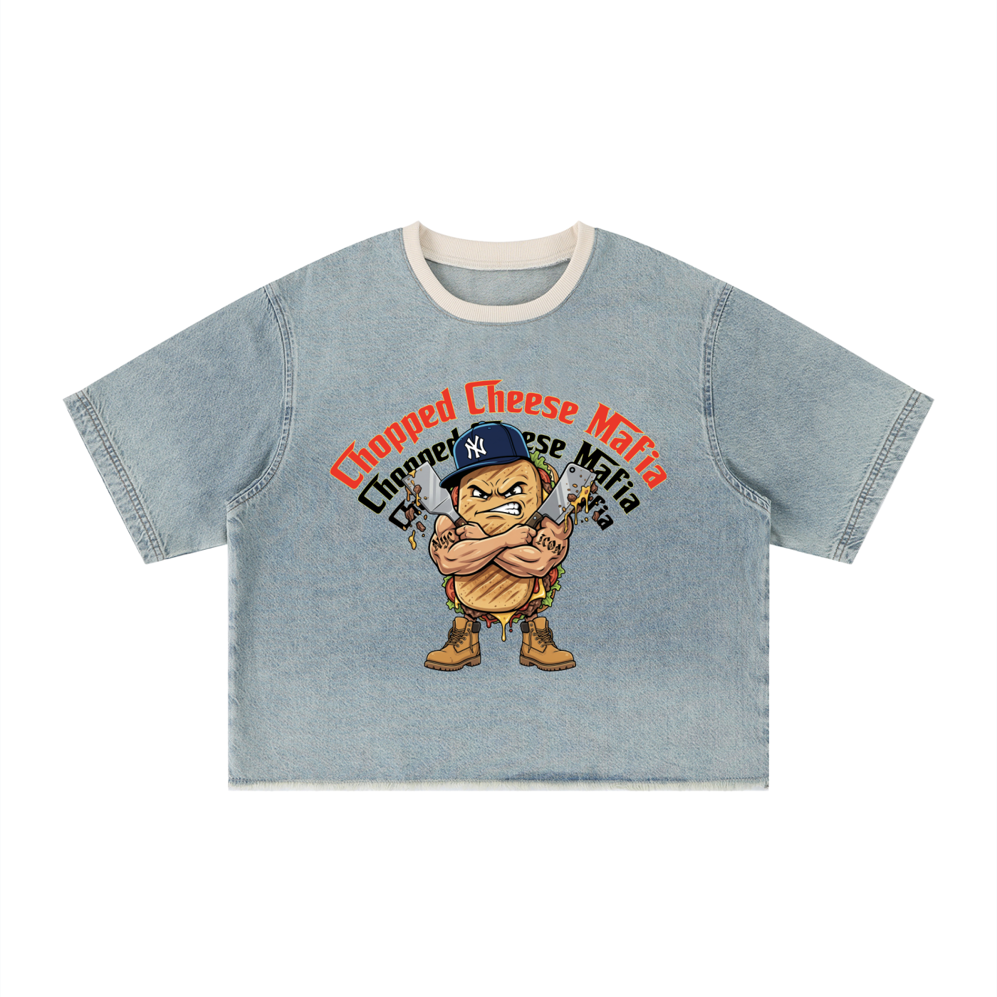 L.O.E.F. Life Chopped Cheese Unisex Vintage Wash Boxy Raw Hem Denim T-Shirt