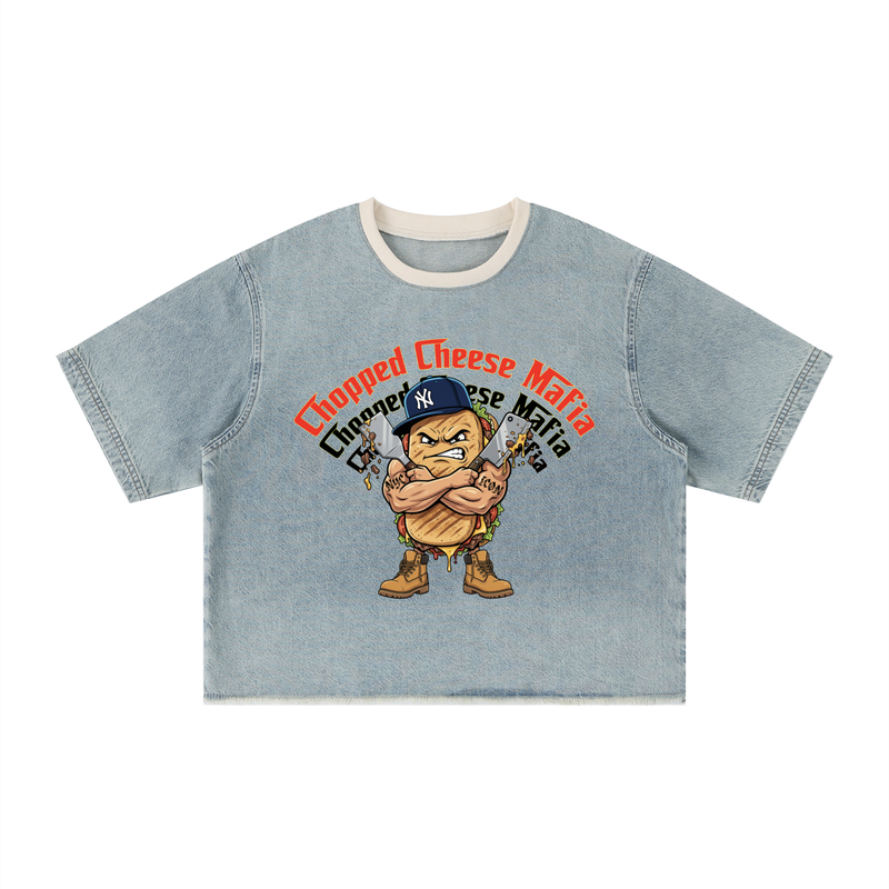 L.O.E.F. Life Chopped Cheese Unisex Vintage Wash Boxy Raw Hem Denim T-Shirt