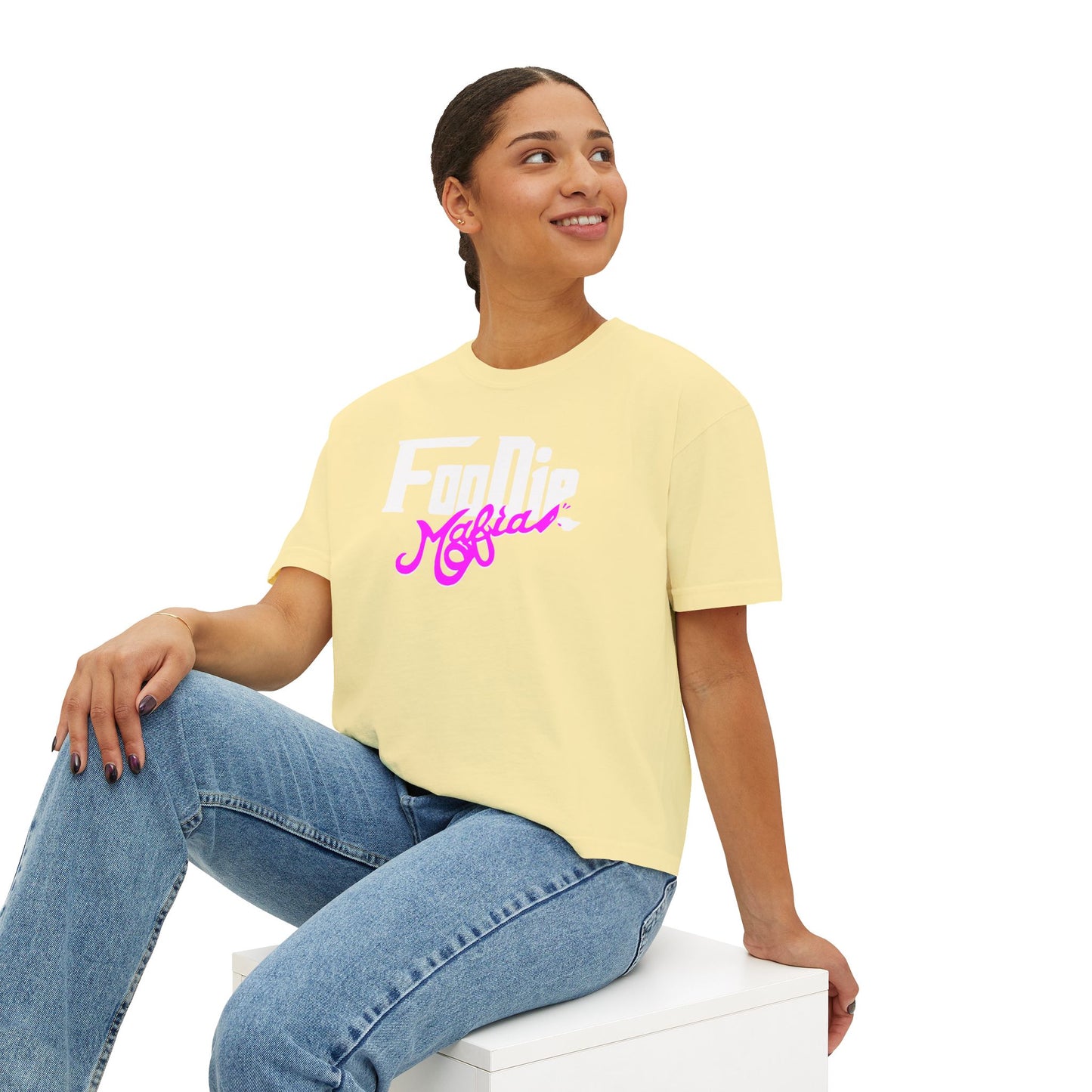 L.O.E.F White Foodie Mafia Women Boxy Tee (Fuchsia)