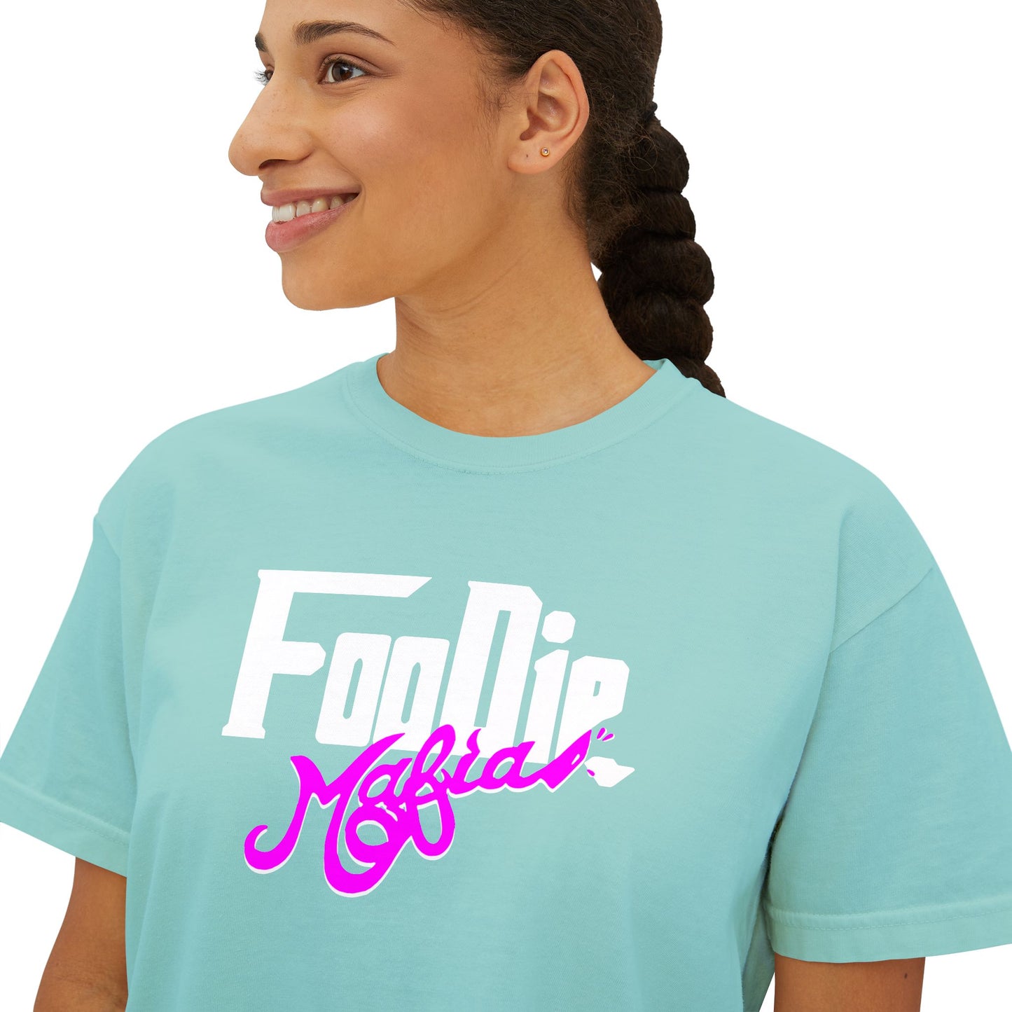 L.O.E.F White Foodie Mafia Women Boxy Tee (Fuchsia)