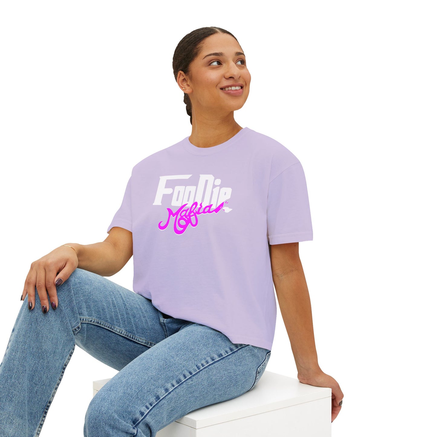 L.O.E.F White Foodie Mafia Women Boxy Tee (Fuchsia)