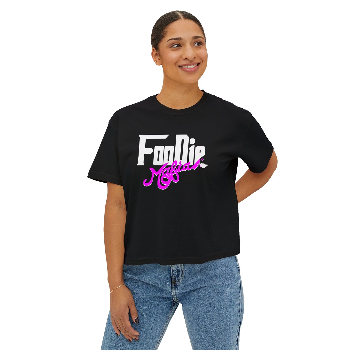 L.O.E.F White Foodie Mafia Women Boxy Tee (Fuchsia)