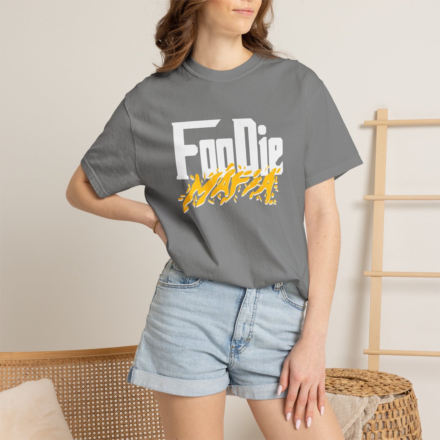 L.O.E.F White Foodie Mafia Unisex Tee Shirt (Mustard)