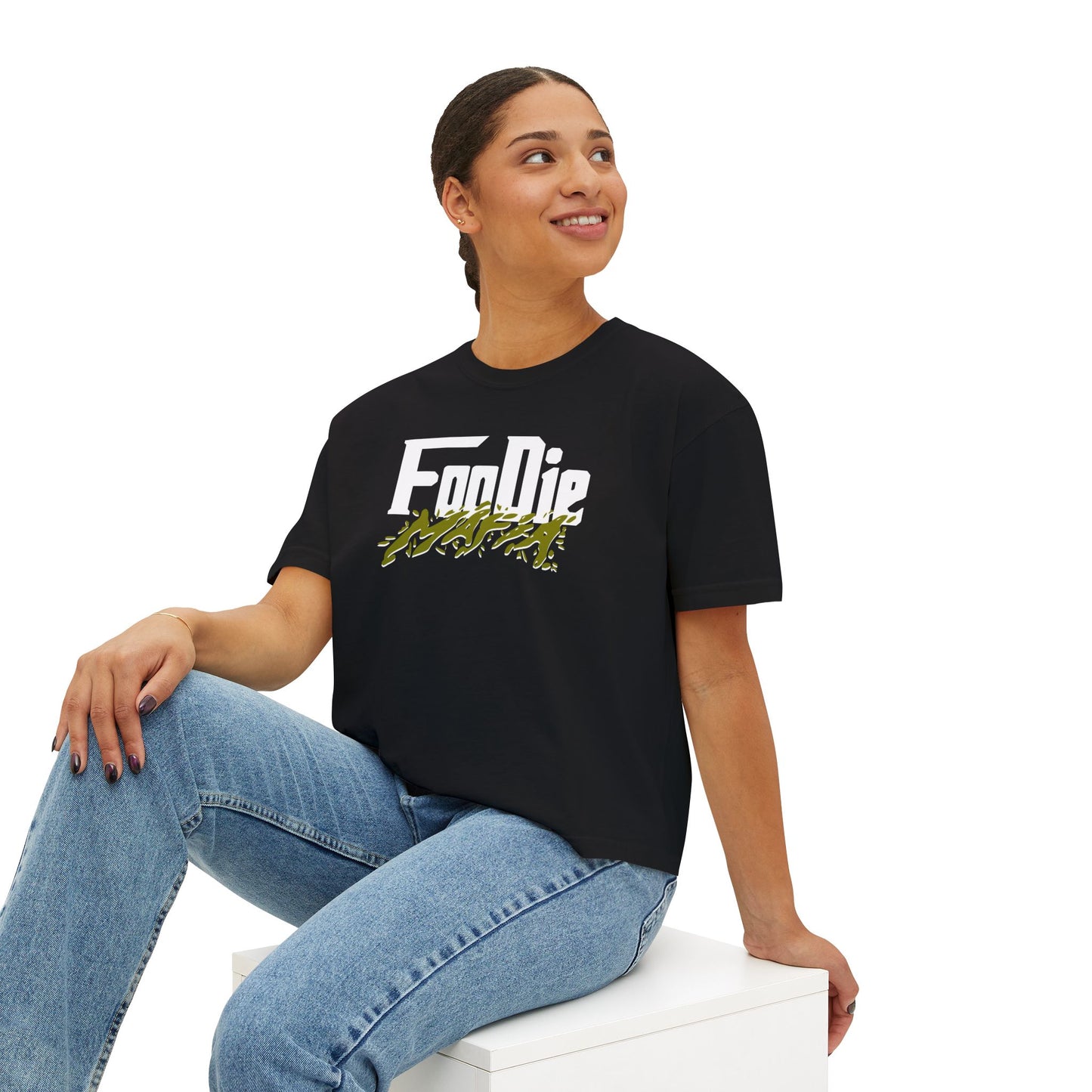 L.O.E.F White Foodie Mafia Women Boxy Tee (Olive Green)