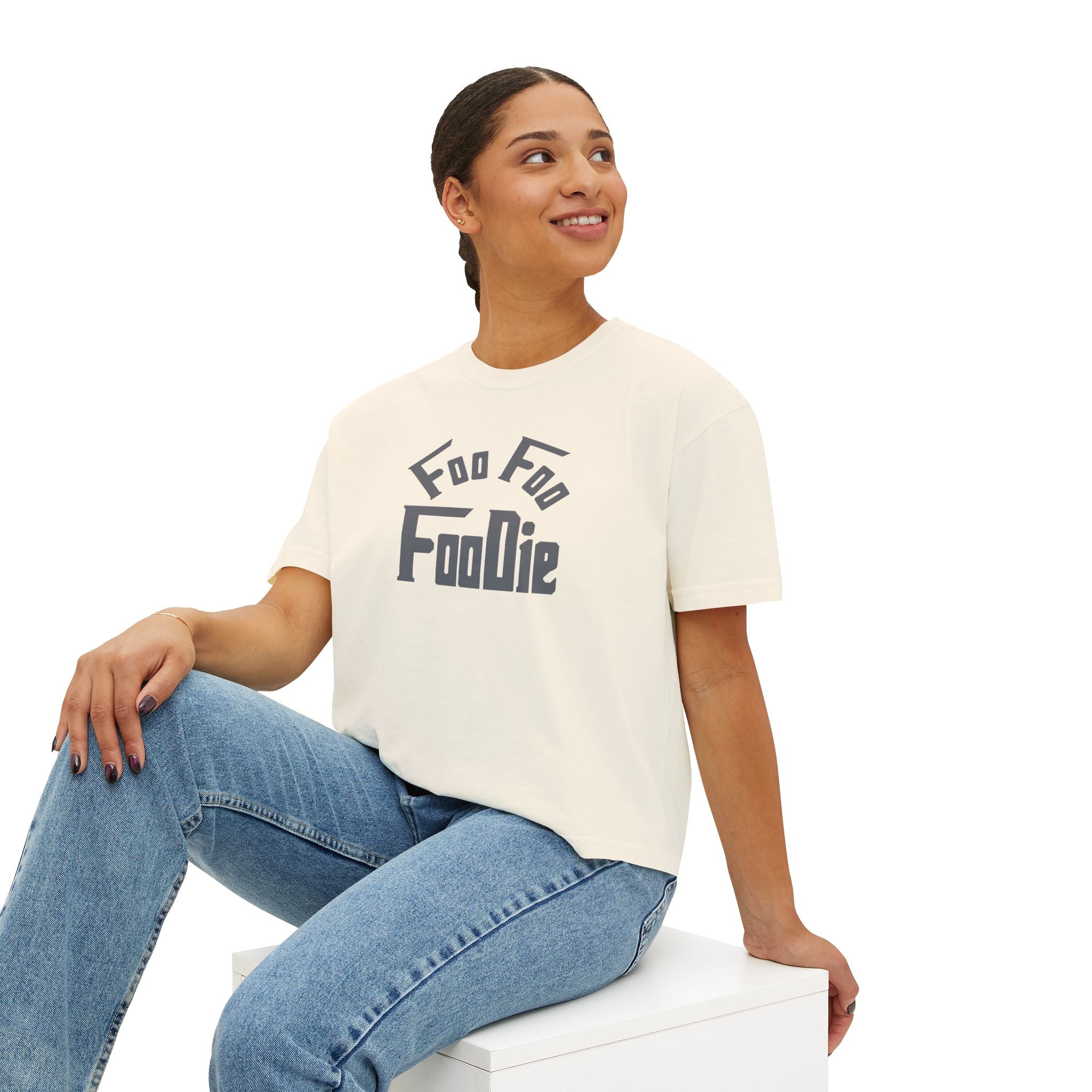 L.O.E.F FOO FOO FOODIE Women Boxy Tee(Dark Gray)