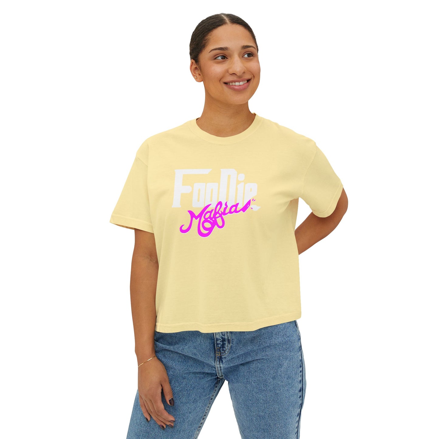 L.O.E.F White Foodie Mafia Women Boxy Tee (Fuchsia)
