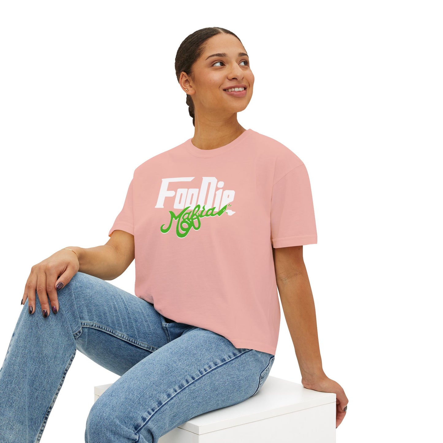 L.O.E.F White Foodie Mafia Women Boxy Tee (Kelly Green)