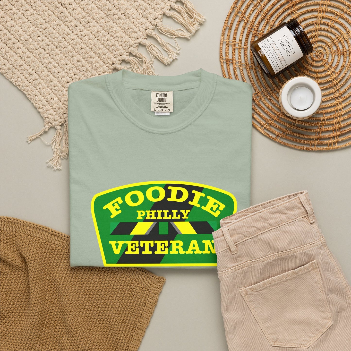 L.O.E.F Foodie Veteran PHILLY Unisex Tee Shirt (Yellow and Green)