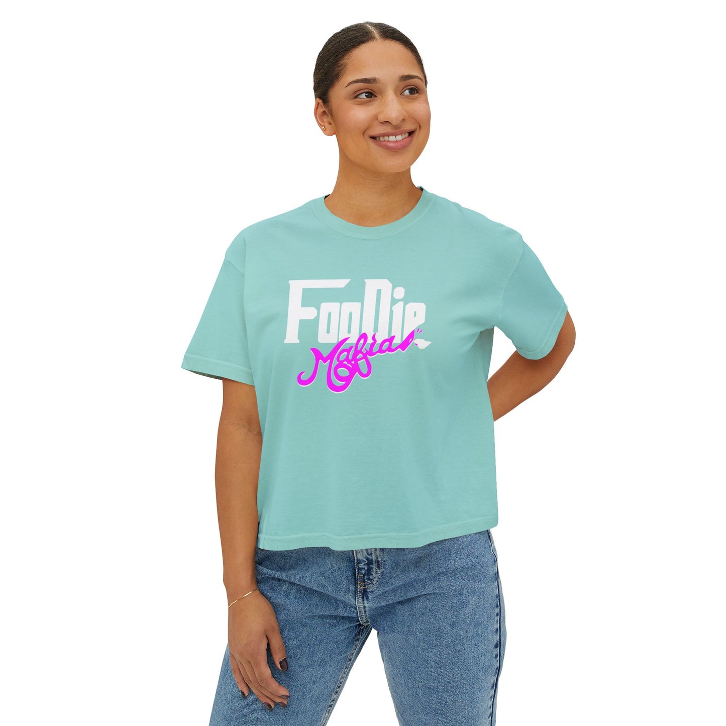 L.O.E.F White Foodie Mafia Women Boxy Tee (Fuchsia)