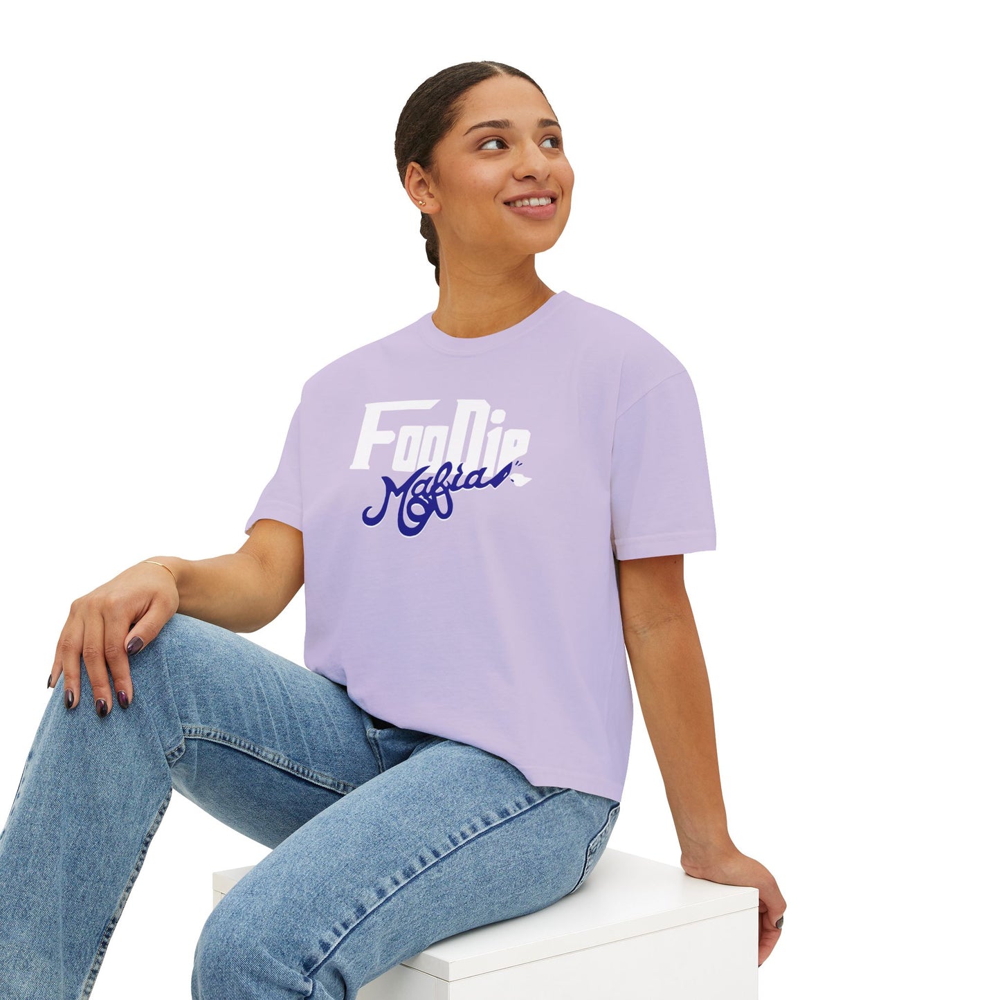 L.O.E.F White Foodie Mafia Women Boxy Tee (Dark Blue)