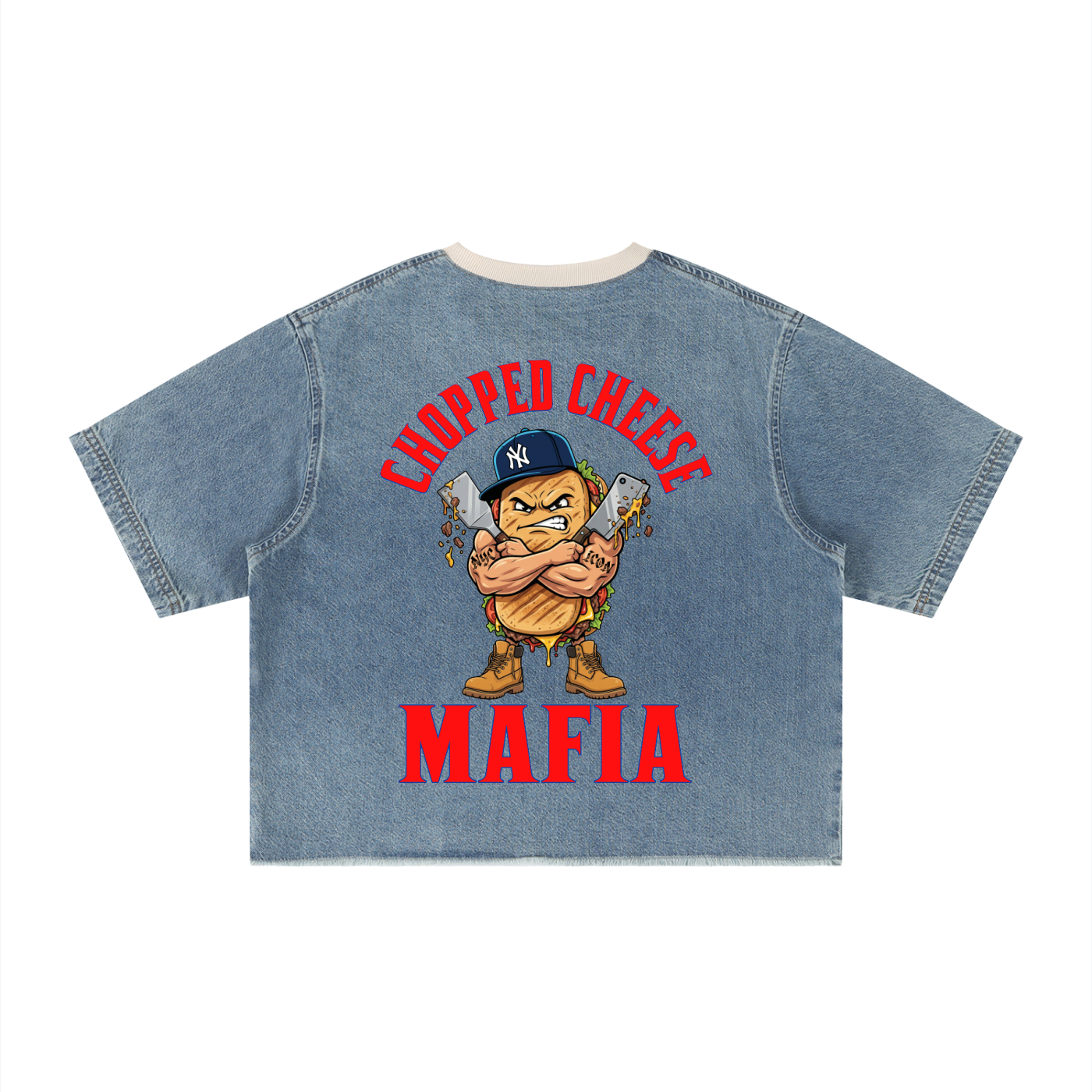 L.O.E.F Life Chopped Cheese Unisex Vintage Wash Boxy Raw Hem Denim T-Shirt