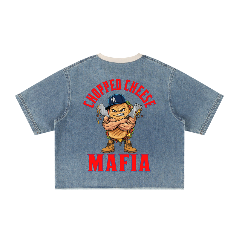 L.O.E.F Life Chopped Cheese Unisex Vintage Wash Boxy Raw Hem Denim T-Shirt