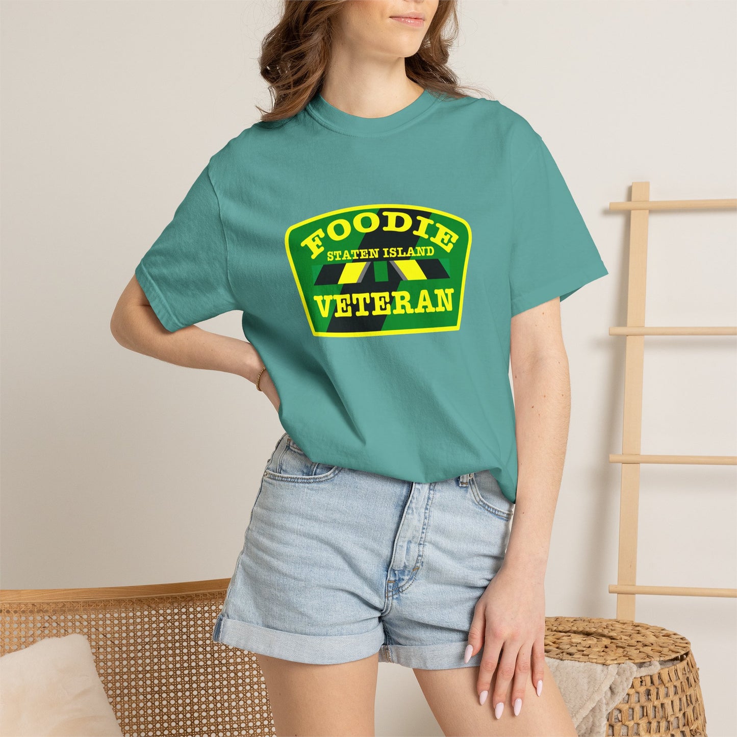 L.O.E.F Foodie Veteran STATEN ISLAND Unisex Tee Shirt (Yellow and Green)
