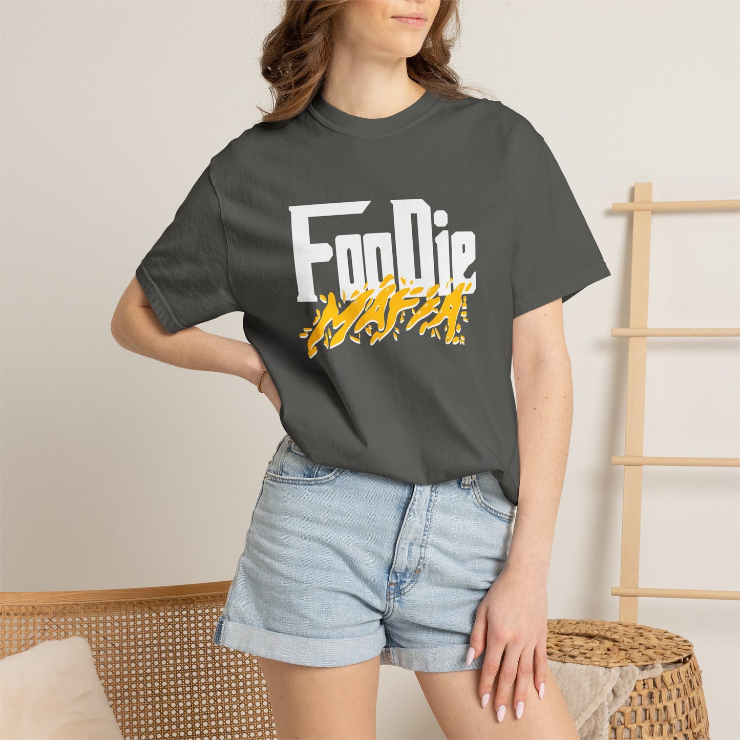 L.O.E.F White Foodie Mafia Unisex Tee Shirt (Mustard)