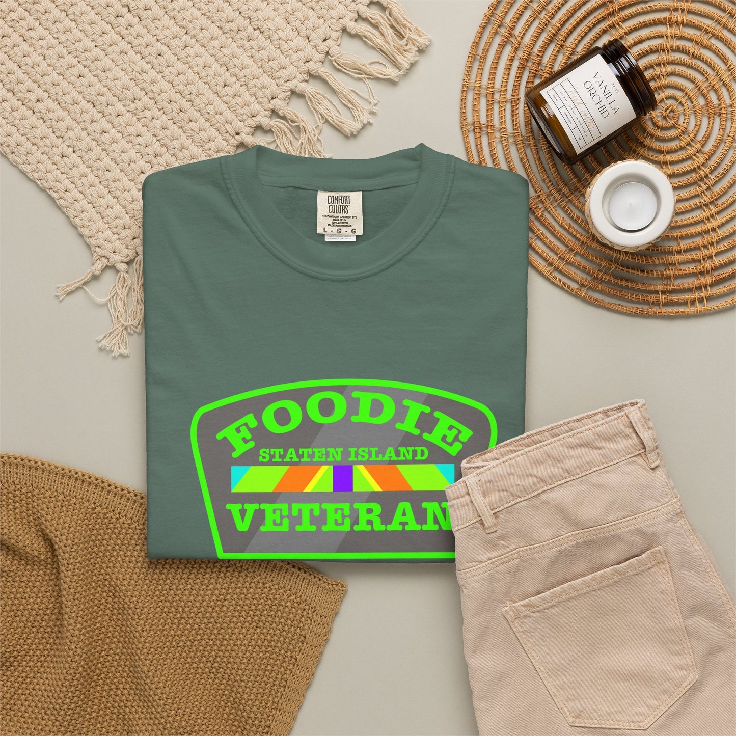 L.O.E.F Foodie Veteran STATEN ISLAND Unisex Tee Shirt (Neon Green)