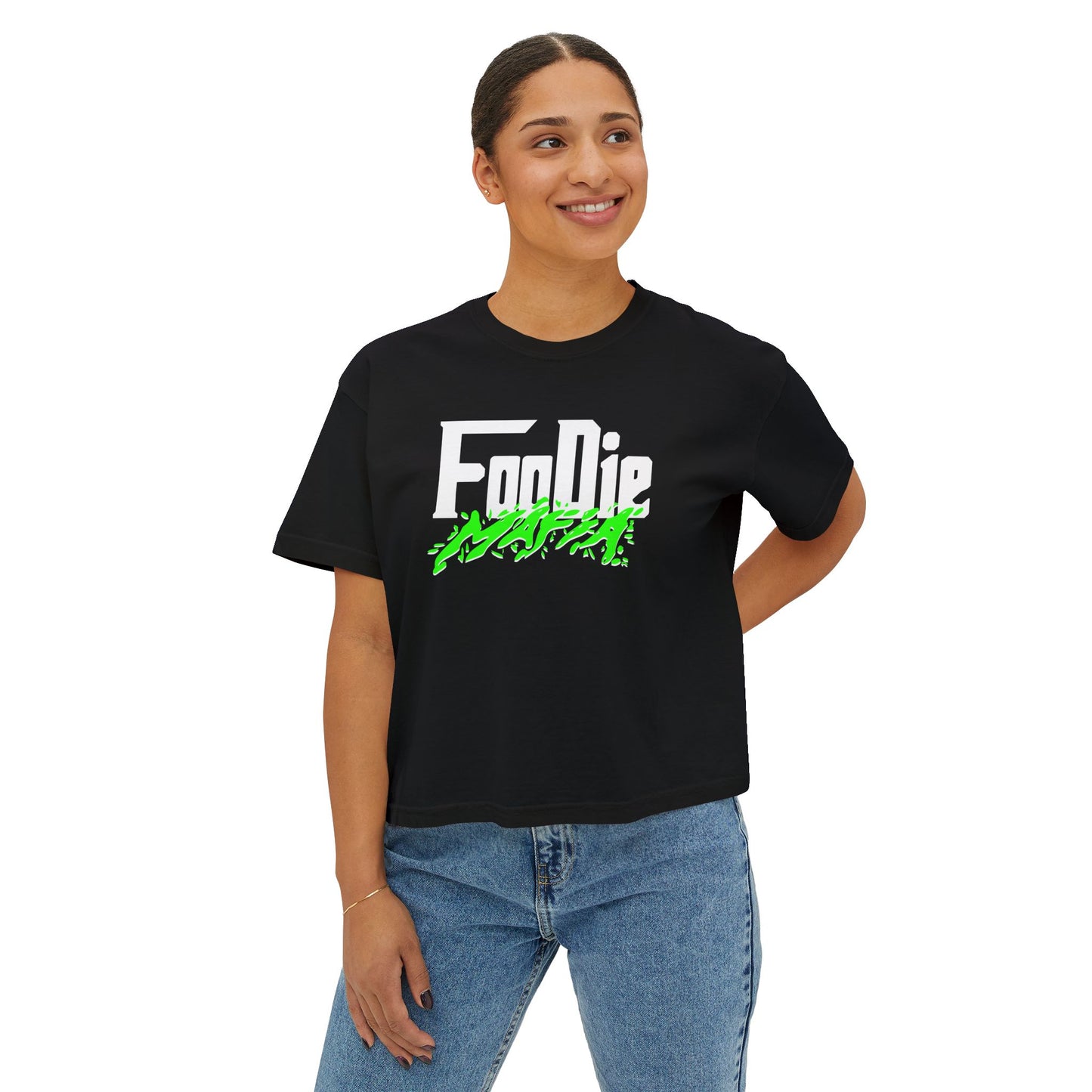 L.O.E.F White Foodie Mafia Women Boxy Tee (Neon Green)