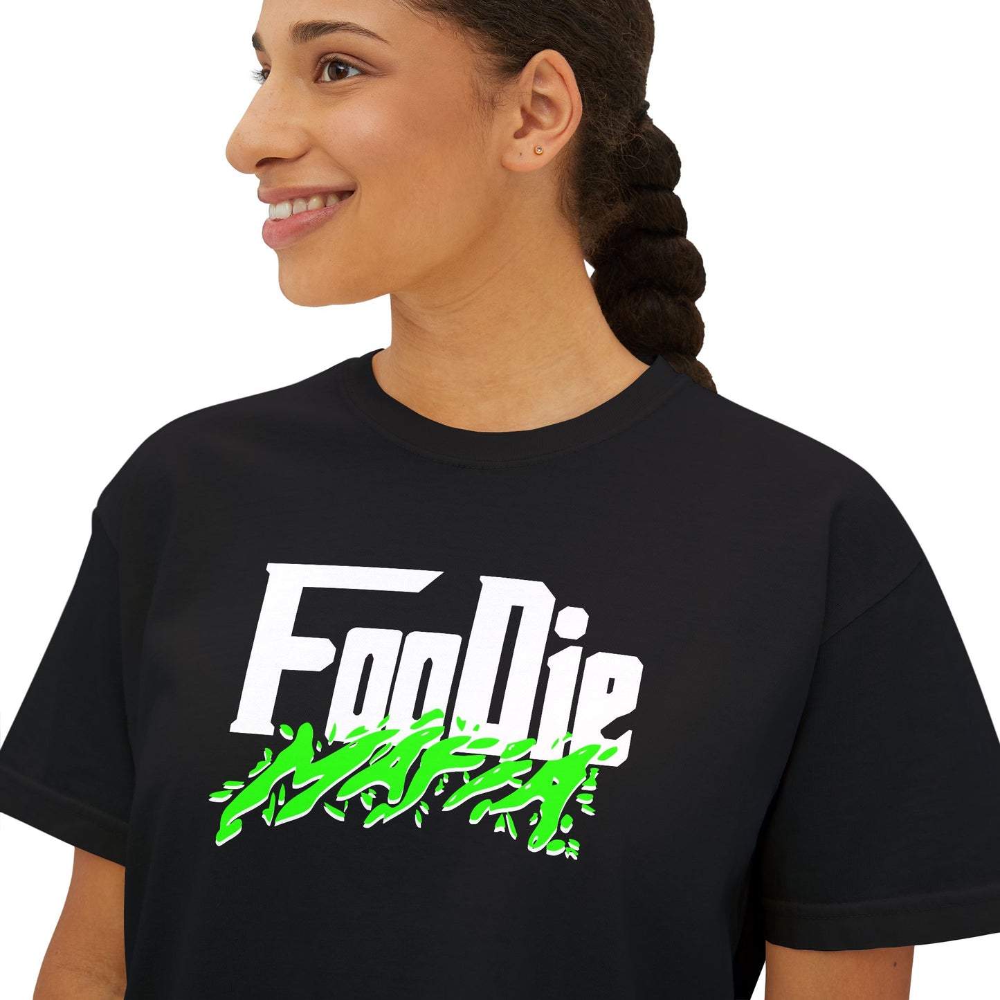 L.O.E.F White Foodie Mafia Women Boxy Tee (Neon Green)